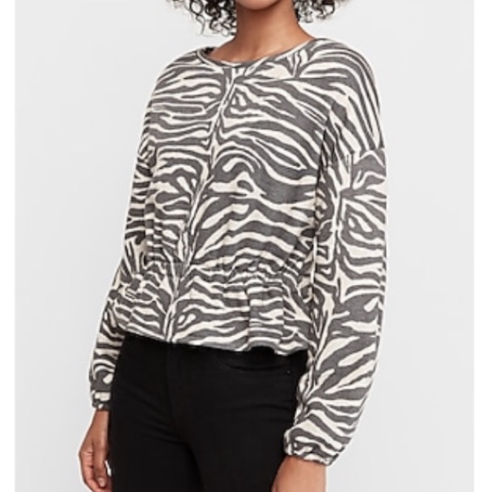 NWT Express Zebra Print Long Sleeve Supersoft Peplum Sweatshirt Gray White S